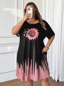 SHEIN CURVE+ 休闲蝴蝶向日葵图案圆领短袖露脐加大码连衣裙，适合夏季穿着 - 彩色 - 查看 6
