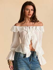 SHEIN BAE White Off-Shoulder Ruffle Trim Asymmetric Tie Cuff Blouse, Romantic Spring Shirt For Vacation, Valentine's Day, Sweet & Feminine, Commute, Princess, Birthday, Bridesmaid Mini Dress - White - View 3
