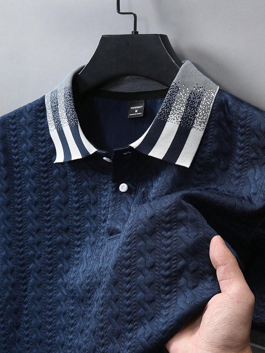 Manfinity CasualCool Men's Casual Commuter Jacquard Textured Ribbed Polo Shirt, Summer - Royal Blue - View 1
