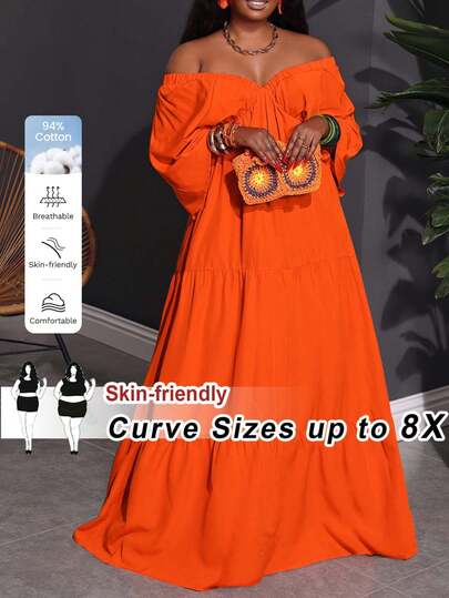 SHEIN CURVE+ Plus Size V-Neck Dress For Summer Holiday, Orange Boho Vacation