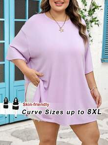SHEIN CURVE+ Curve Size US22Music Festival, Seaside Vacation, Bohemia Women's Spring And Summer Fashion Casual Loose Comfortable Basic Daily Black Hem Split Short-Sleeved T-Shirt,Simlpe Style,Going Out Tops, T Shirt,Airport Outfit For Women,European Summer/Autumn /Winter, Summer Tops - Mauve Purple - View 5