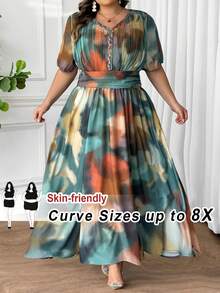 SHEIN CURVE+ 大码V领扎染图案优雅浪漫收腰A字型长裙 - 彩色 - 查看 10