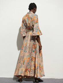 Aveloria Modichic 油画风格蓝橙印花裹身系带连衣裙，法式浪漫艺术气息，适合周末去美术馆约会 - 彩色 - 查看 2