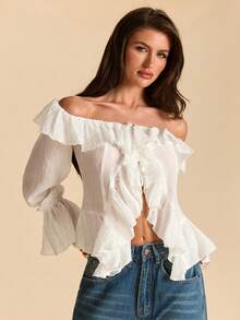 SHEIN BAE White Off-Shoulder Ruffle Trim Asymmetric Tie Cuff Blouse, Romantic Spring Shirt For Vacation, Valentine's Day, Sweet & Feminine, Commute, Princess, Birthday, Bridesmaid Mini Dress - White - View 6