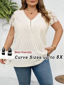 SHEIN CURVE+ Curve 尺码 US22 音乐节、海滨度假、波西米亚风女士夏季T恤、优雅上衣、白色T恤、提花针织T恤、撞色蕾丝T恤 - 杏色 - 查看 11