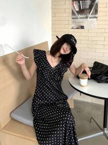 K-Vae Ruffled Short Sleeve Backless Vintage Polka Dot Dress - Black - View 7