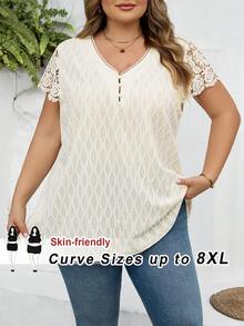 SHEIN CURVE+ Curve 尺码 US22 音乐节、海滨度假、波西米亚风女士夏季T恤、优雅上衣、白色T恤、提花针织T恤、撞色蕾丝T恤 - 杏色 - 查看 12