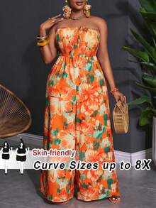 SHEIN CURVE+ Curve 尺码 US22 音乐节、海滨度假、波西米亚 2025 春夏新款沙滩度假修身印花抹胸阔腿连体裤，梭织数码印花面料，女士加长连体裤 - 彩色 - 查看 11