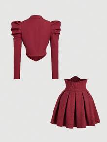SHEIN MOD 女士羊腿袖长袖时尚设计前扣上衣两件套 - 酒紅色 - 查看 2