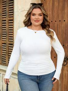 SHEIN CURVE+ Curve 尺码 US22 音乐节、海滨度假、波西米亚风白色休闲褶皱针织面料常规长袖圆领T恤 长袖上衣 纯色T恤 - 白色 - 查看 9