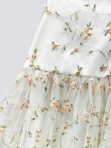 Tween Girl Woven Mesh Embroidered Square Collar Fitted Petal Sleeve Princess Dress - White - View 5