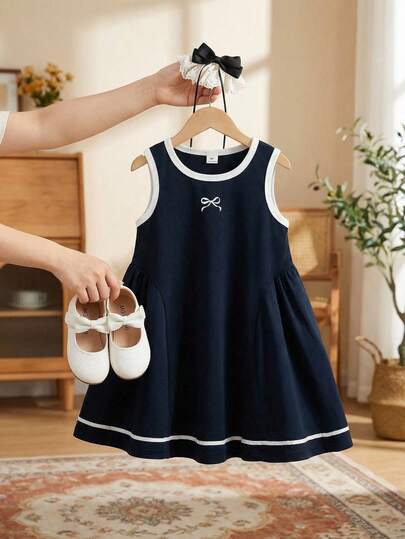 Souflis Souflis Young Girl' Navy Blue Sporty Casual Knit Patchwork Dress, Asymmetrical Colorblock Design, Suitable For Baby Summer Playtime, Home, Vacation, Sweet & Cute