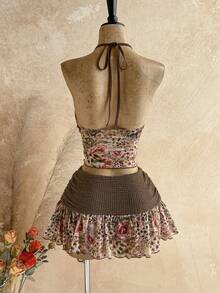 Soleia Bộ đồ 2 mảnh dành cho nữ: áo và chân váy không tay cổ yếm in hoa và kẻ caro, trang phục mùa hè thời trang. - Nhiều màu - Xem 2