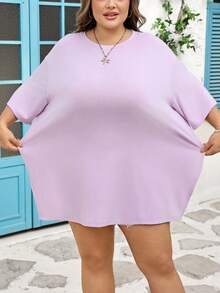 SHEIN CURVE+ Curve Size US22Music Festival, Seaside Vacation, Bohemia Women's Spring And Summer Fashion Casual Loose Comfortable Basic Daily Black Hem Split Short-Sleeved T-Shirt,Simlpe Style,Going Out Tops, T Shirt,Airport Outfit For Women,European Summer/Autumn /Winter, Summer Tops - Mauve Purple - View 3