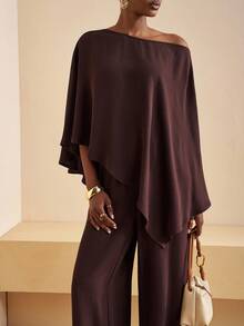 SHEIN CURVE+ Curve 尺码 US22 音乐节、海滨度假、波西米亚风女装两件套：纯色不对称肩部上衣和宽松长裤 - 棕色 - 查看 11