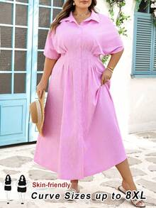 SHEIN CURVE+ Curve 尺码 US22 音乐节、海滨度假、波西米亚风女士条纹蝙蝠袖收腰休闲长款衬衫裙 夏季粉色 - 粉色 - 查看 10