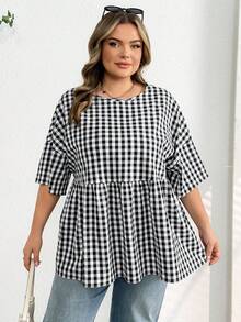 SHEIN CURVE+ 大码女装春夏时尚休闲宽松舒适日常百搭修身面料黄色短袖衬衫，简约风格，凸显曲线，可爱上衣，外出上衣，女士衬衫，欧洲夏季，荷叶边上衣，女士早午餐秋季服装，冬季，CURVE PLUS - 黑與白 - 查看 10