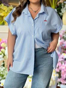 SHEIN CURVE+ Áo sơ mi mùa hè đơn giản, thoải mái, cỡ lớn - Màu xanh lam - Xem 3