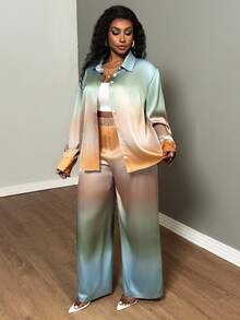 SHEIN CURVE+ Bộ áo sơ mi dài tay dáng rộng in họa tiết nhuộm tie-dye dành cho nữ cỡ lớn, có túi và cúc cài. - Nhiều màu - Xem 2
