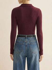 Sueter mujer básico tejido de punto canale manga larga cuello camisero cremallera frontal elegante cómodo casual moderno suave versátil otoño invierno para diario o para trabajo - Vino - Ver 3