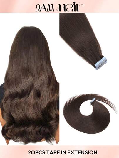 20pcs Straight Tape In 100% Human Hair Extension For Salon Silky Seamless Invisible Natural Dark Brown For Thin Hair Woman Natural Look Top Quality Dark Brown Color Tape In Hair Tape Ins Hair Extensions