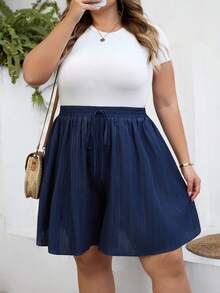 SHEIN CURVE+ Plus Size Curve US22Music Festival, Seaside Vacation, Bohemia Women Casual Plain Loose Shorts Navy Blue Summer Wide Leg Shorts,Holiday For - Blue - View 10