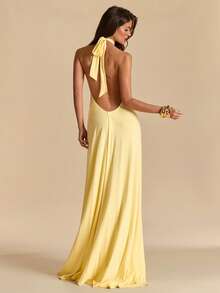 SHEIN BAE 纯黄色/浅黄色露背吊带针织长裙，适合海滩度假，宽松针织沙滩长裙，休闲连衣裙 - 淡黃色 - 查看 1