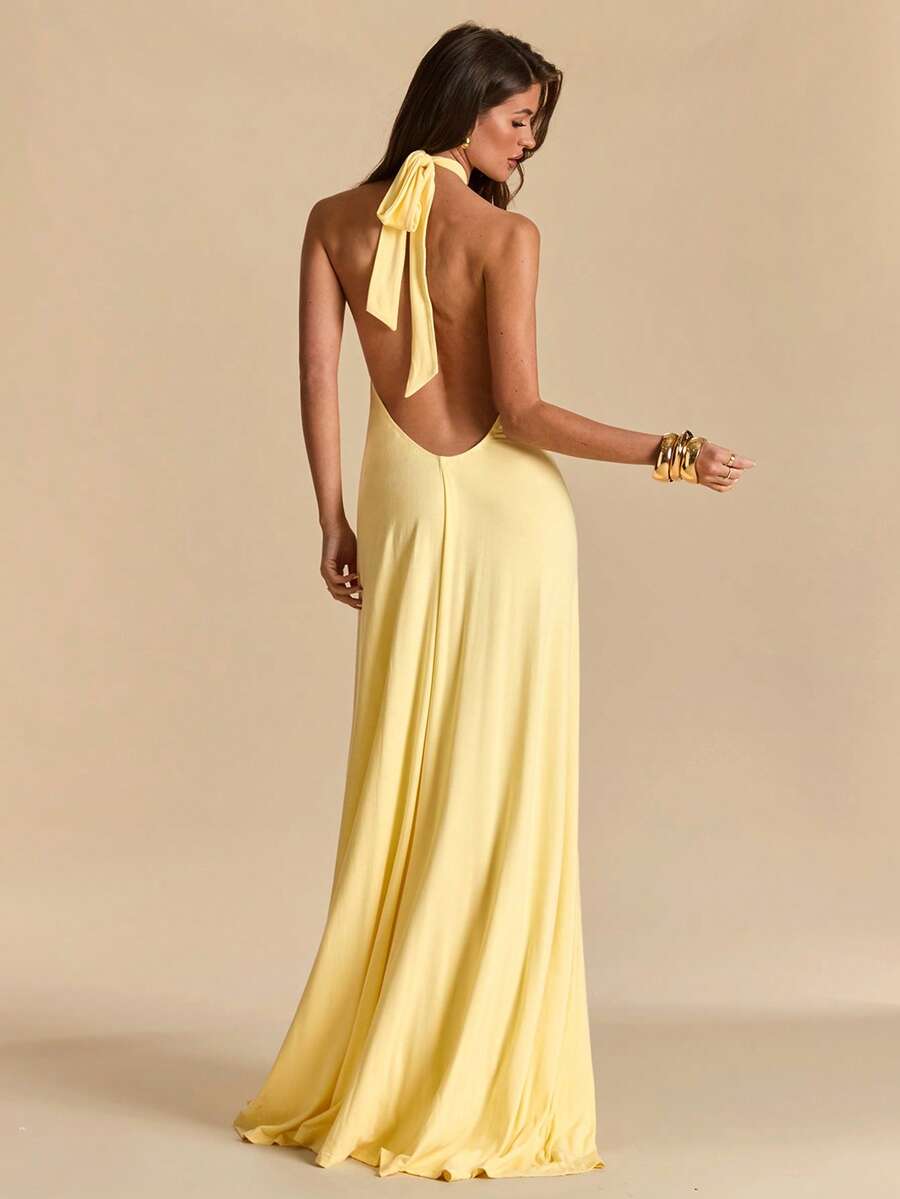 SHEIN BAE 纯黄色/浅黄色露背吊带针织长裙，适合海滩度假，宽松针织沙滩长裙，休闲连衣裙 - 淡黃色 - 查看 1