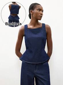 Maija Women's Casual Backless Tie Denim Vest And Pants Set, Summer - Dark Wash - View 5