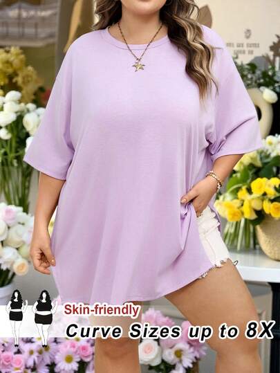 SHEIN CURVE+ Plus Size Women's Spring And Summer Fashion Casual Loose Comfortable Basic Daily Black Hem Split Short-Sleeved T-Shirt,Simlpe Style,Going Out Tops,Plus Size T Shirt,Airport Outfit For Women,European Summer/Autumn /Winter