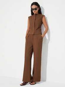 Aveloria Modichic Women's Sleeveless Zipper Shoulder Wide Vest & Straight Leg Pants Set - Brown - View 5