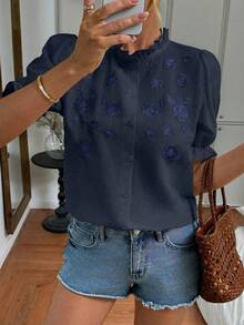 Easowa Women's Casual Embroidered Cotton White Shirt For Vacation - Navy Blue - View 7