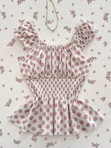 Elamini Blusa sin mangas con cintura ceñida y decoración de lazo con lunares. Conjunto de vacaciones de primavera/verano. Blusas de muñeca lindas, blusas de mujer, blusas de mujer para el verano, blusas de mujer - Rosa - Ver 2