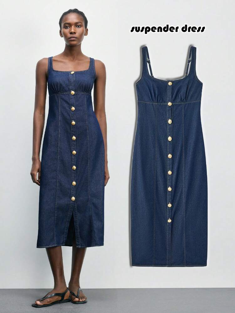 SHEIN Maija Women's Raw Denim Dress, Elegant Square Neckline, Fitted Dress With Gold Metal Buckle, Summer French Style, Date-Appropriate Slip Dress.Summer Outfits