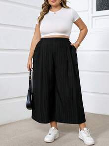SHEIN CURVE+ Quần ống rộng màu hồng dành cho nữ cỡ lớn, thời trang xuân hè, thoải mái, thoáng mát, cơ bản, đa năng, chất liệu vải mềm mại, cạp chun, kiểu dáng đơn giản, thích hợp mặc hàng ngày, cạp chun, dáng lửng, phong cách châu Âu, mùa hè, quần Capri, quần đi nghỉ mát/2026/Năm mới - màu đen - Xem 7