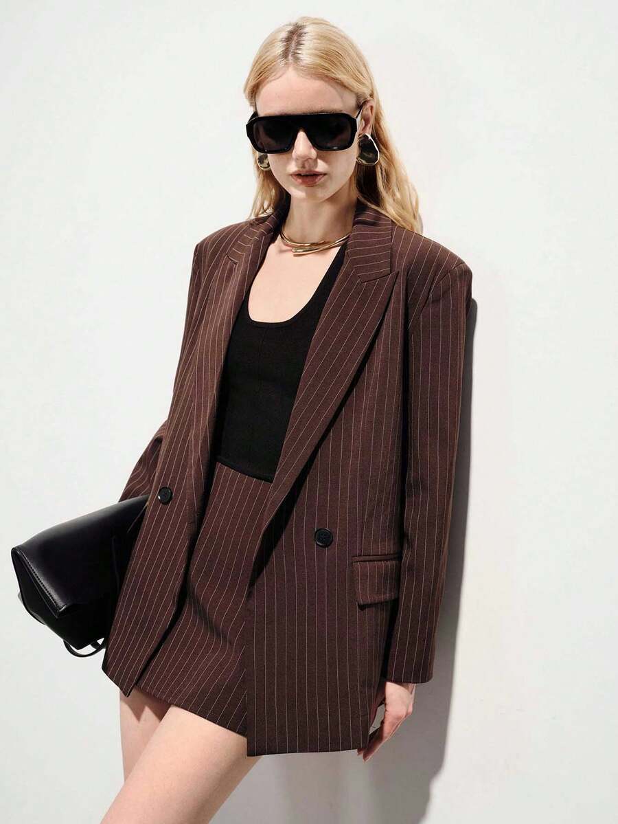 Aveloria Modichic New Striped Double-Breasted Suit Set, Paired With A-Line Skirt, Casual Office Wear, Elegant Business Women's 2 Pieces Suit - Brown - View 1