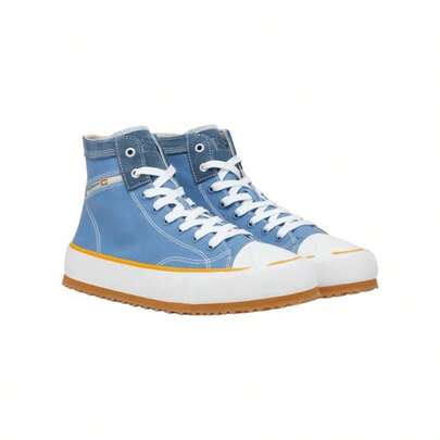 Diesel Tenis de Bota Alta en Lona Azul con Detalles en Contraste Amarillo y Suela Dentada Retro - Estilo Urbano Vanguardista para Hombre