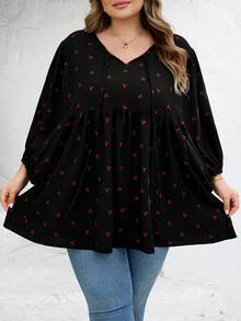 SHEIN CURVE+ Áo thun nữ cỡ US22, họa tiết hoa nhí, cổ dây rút, tay phồng, dáng rộng, thoải mái. - Nhiều màu - Xem 9