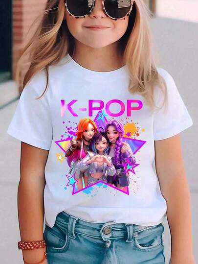 Young Girls' Basic Round Neck Cartoon Print Short Sleeve T-Shirt