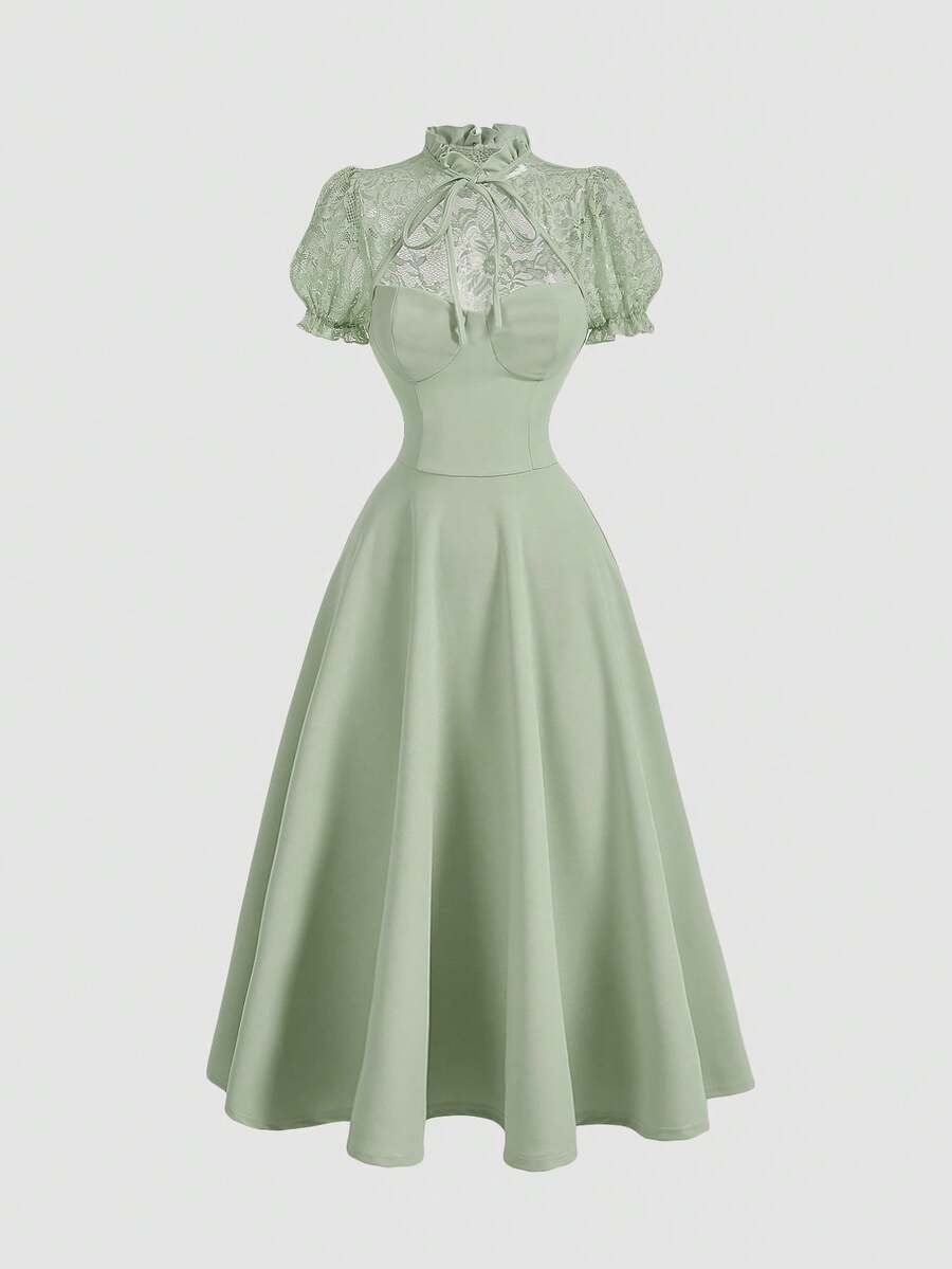 SHEIN MOD 女士优雅撞色蕾丝扭结荷叶边领花瓣袖收腰A字连衣裙，夏季 - 綠色 - 查看 1