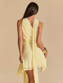SHEIN BAE Yellow Asymmetric Ruched Halter Neck Bodycon Mini Mesh Dress, Summer Yellow Dress, Vacation Beach Dress, Yellow Halter Dress - Light Yellow - View 3