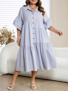 SHEIN CURVE+ Curve 尺码 US22 音乐节、海滨度假、波西米亚风女士条纹翻领纽扣休闲日常通勤连衣裙 - 藍色 - 查看 5