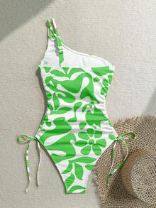 Vivid Eden Women's One-Piece Swimsuit With All-Over Print, Twist Design And Ruffle, Suitable For Beach Vacation, Pool Party, Beach Party - Green - View 2