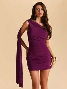 SHEIN BAE Vestido mini ajustado con fruncidos sin tirantes y ribete de gasa en color morado, adecuado para fiestas, vacaciones en la playa, verano - Rosa Roja - Ver 5