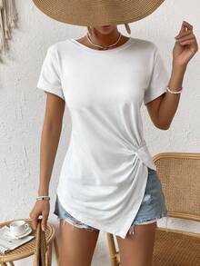 SHEIN CURVE+ Koszulka damska w dużym rozmiarze, jednokolorowa, z okrągłym dekoltem, krótkim rękawem i skręconym bokiem, na co dzień, na lato, na wakacje, na co dzień, na co dzień - Biały - Zobacz 6
