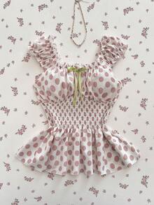 Elamini Blusa sin mangas con cintura ceñida y decoración de lazo con lunares. Conjunto de vacaciones de primavera/verano. Blusas de muñeca lindas, blusas de mujer, blusas de mujer para el verano, blusas de mujer - Rosa - Ver 1