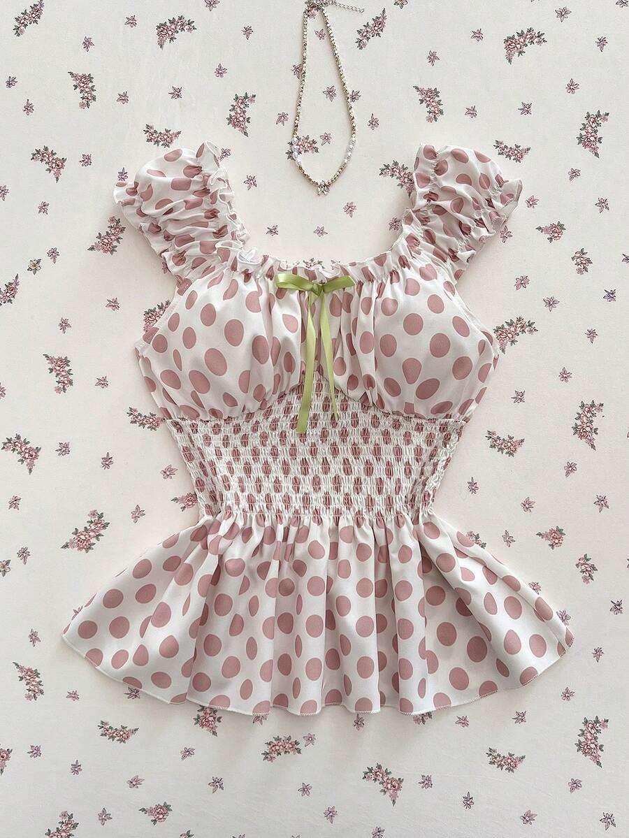 Elamini Blusa sin mangas con cintura ceñida y decoración de lazo con lunares. Conjunto de vacaciones de primavera/verano. Blusas de muñeca lindas, blusas de mujer, blusas de mujer para el verano, blusas de mujer - Rosa - Ver 1