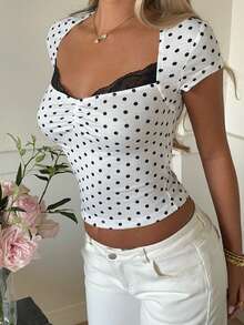 SHEIN EZwear Áo thun dệt kim nữ màu trắng nền, chấm bi đen, phối ren. - Đen và trắng - Xem 3