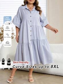 SHEIN CURVE+ Curve 尺码 US22 音乐节、海滨度假、波西米亚风女士条纹翻领纽扣休闲日常通勤连衣裙 - 藍色 - 查看 2