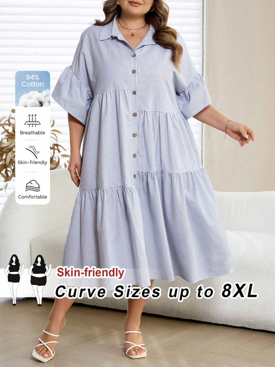 SHEIN CURVE+ Curve 尺码 US22 音乐节、海滨度假、波西米亚风女士条纹翻领纽扣休闲日常通勤连衣裙